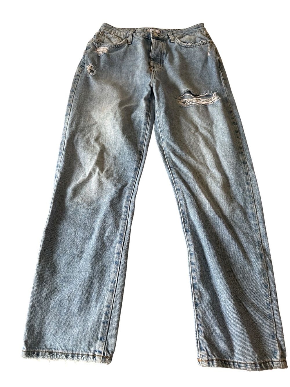 Forever 21 Washed Light Blue Distressed Straight Leg Jeans